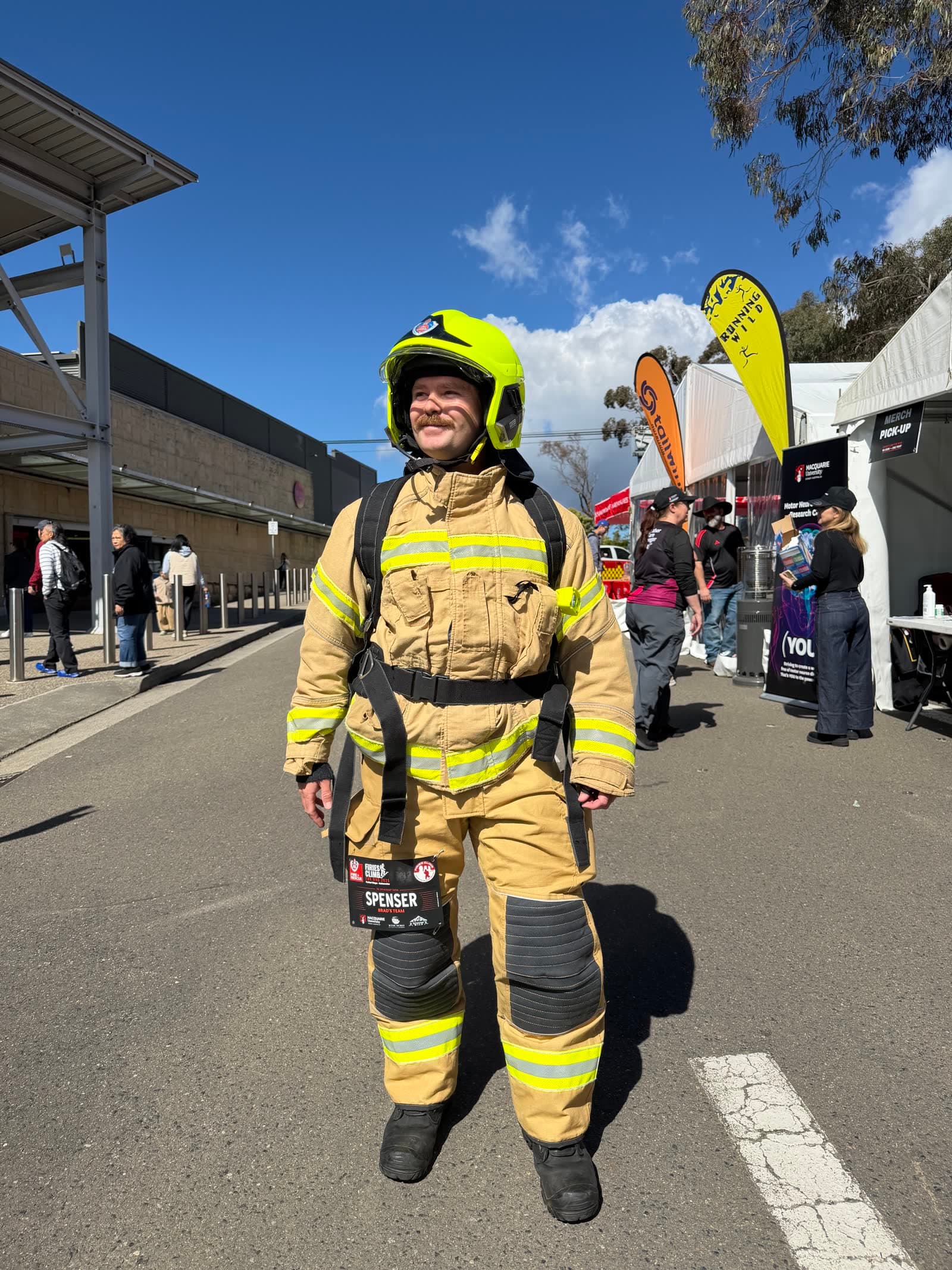 Spenser in firefighting kit at the Firies Climb